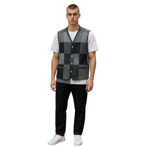 Vintage G. Boss Patchwork Wool & Leather Vest Gray Black Geometric – Size L